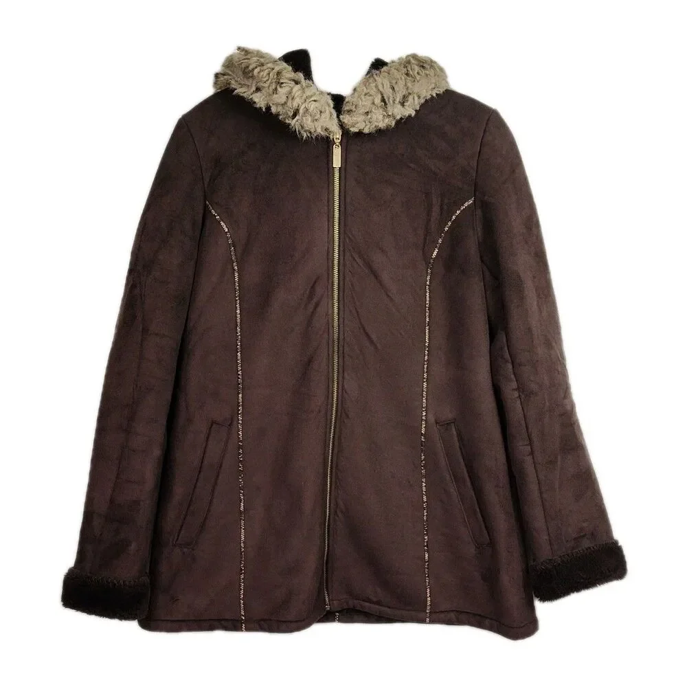 Ellen Tracy Full-Zip Coat women's M Dark Brown Hooded Lined Pockets‎